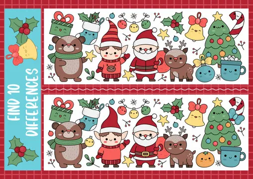 Christmas find differences game for children. Attention skills activity with cute Santa Claus, elf, deer, tree. New Year puzzle for kids with funny characters. Printable what is different worksheet.