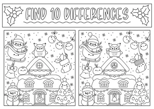 Christmas black and white find differences game for children. Attention skills activity with cute Santa Claus, house, tree, snowman. New Year line puzzle or coloring page for kids.