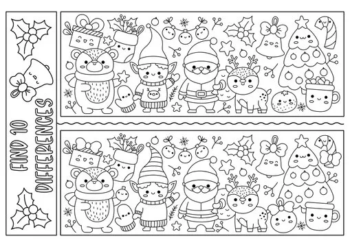 Christmas black and white find differences game for children. Attention skills activity with cute Santa Claus, deer, tree, animals and winter symbols. New Year line puzzle or coloring page for kids.