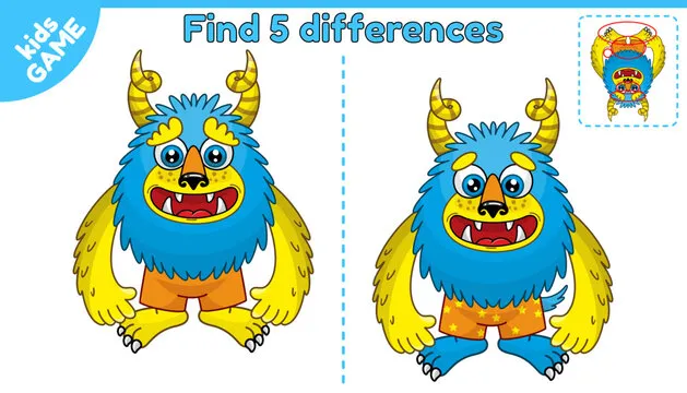 Find the differences. Educational children game with answer. Cartoon cheerful monster. Vector illustration.
