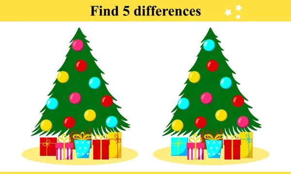 Find 5 differences for a Christmas tree decorated with balls with gifts under it