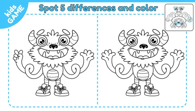 Game spot 5 differences and coloring page. Educational activity and puzzle for kids. Development of attention. Vector illustration of cartoon monster.