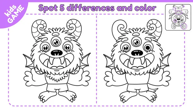 Game Find 5 differences. Page of coloring book. Cartoon cheerful monster. Vector illustration.