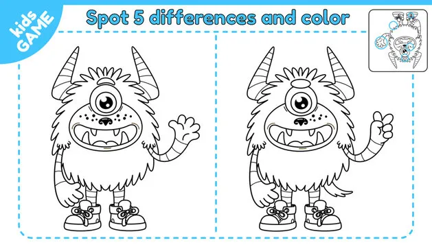Game spot 5 differences and coloring page. Educational activity and puzzle for kids. Development of attention. Vector illustration of cartoon monster.