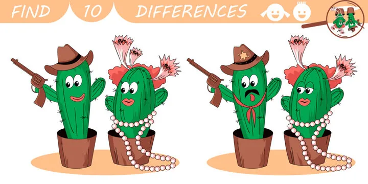 Find differences game for kids. Cactus cowboy, cowgirl and sheriff. Cacti flowerpots. Cartoon sketch vector illustration.