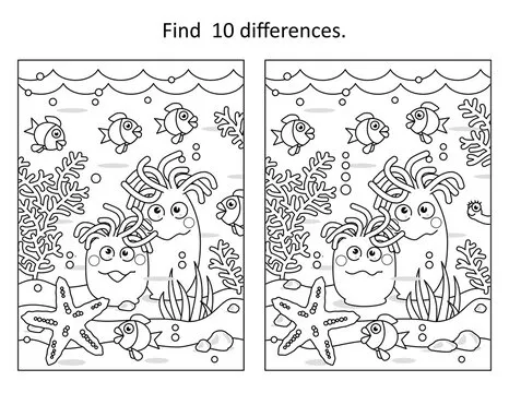 Underwater difference game with anemones and sea life