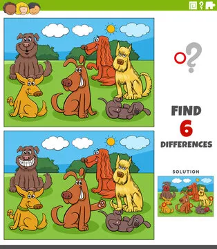 differences game with cartoon dogs animal characters