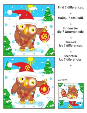 Differences game with owl holding chrismas tree ornament and wearing santa cap. Answer included.