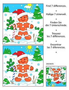Differences game with  gingerbread man walking outdoor. Answer included.