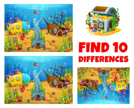 Find ten differences quiz. underwater landscape with sunken ships. Child difference search riddle, kids matching vector game or quiz worksheet with cartoon sunken caravel, submarine and treasure chest