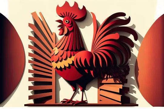 Rooster accompanied by accordion. Identify the proper shadow. a kid's educational game. illustration of a cartoon. Generative AI