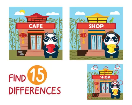 Mini game for children. Find 15 differences. Cute panda near Japanese cafe