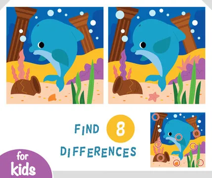 Find differences educational game for children, Cute dolphin