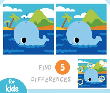Find differences educational game for children, Cute whale and tropical island