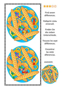 Difference game with baked goods and candy. Answer included.