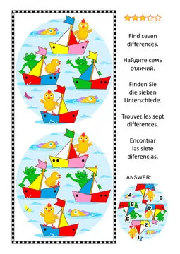 Difference game. Toy sailboats regatta on the pond with frogs and chicks as captains and sailors. Answer included.