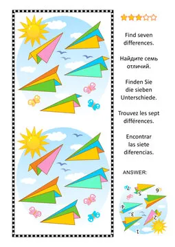 Difference game with colorful paper planes flying in the air. Answer included.
