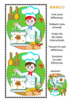 Difference game with young chef boy at the kitchen
