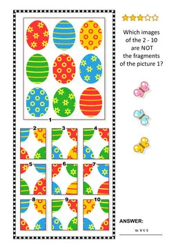 Easter puzzle with painted eggs pattern and fragments: What of the 2 - 10 are not the fragments of the picture 1? Answer included.