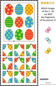 Easter puzzle with painted eggs pattern and fragments: What of the 2 - 10 are not the fragments of the picture 1? Answer included.