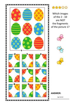 Easter puzzle with painted eggs pattern and fragments: What of the 2 - 10 are not the fragments of the picture 1? Answer included.