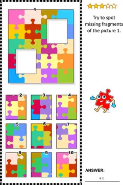 Picture riddle with colorful jigsaw puzzle: Try to spot missing fragments of the picture 1. Answer included.