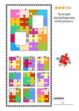 Picture riddle with colorful jigsaw puzzle: Try to spot missing fragments of the picture 1. Answer included.