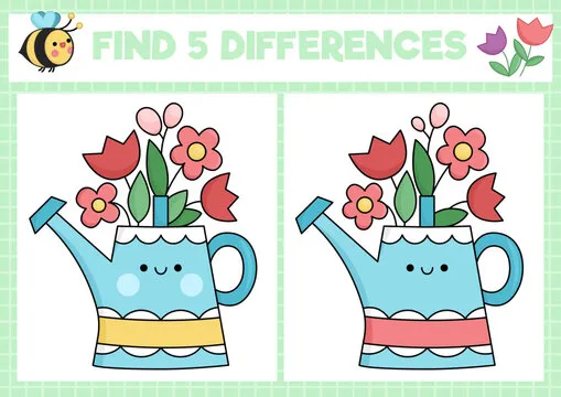 Garden kawaii find differences game for children. Attention skills activity with cute watering can and flowers. Spring holiday puzzle for kids. Printable what is different worksheet.