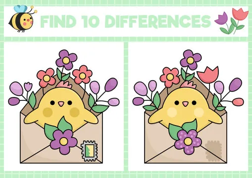 Spring kawaii find differences game for children. Attention skills activity with cute chick in envelope with flowers. Garden puzzle with funny character. Printable what is different worksheet.