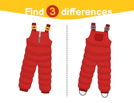 Find differences.  Educational game for children. Cartoon vector illustration of  winter red semi-overalls.