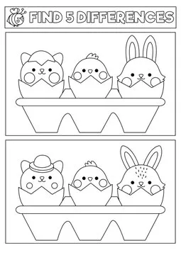Easter black and white kawaii find differences game. Coloring page with cute hatching animals. Spring holiday puzzle or activity for kids. Printable what is different worksheet.
