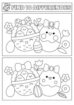 Easter black and white kawaii find differences game for children. Coloring page with cute basket, eggs, flowers. Spring holiday puzzle or activity for kids. What is different printable worksheet.
