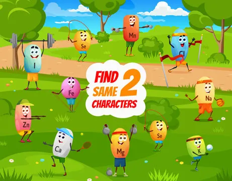 Find two same cartoon vitamin sportsman characters