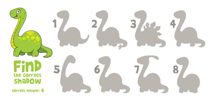 Little Dino. Find the correct shadow. Find 2 same objects. Educational game for children. Choose correct answer. Colorful cartoon characters. Funny vector illustration. Isolated on white background