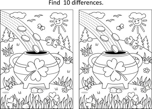 St. Patrick's Day difference game with leprechaun's pot-of-gold