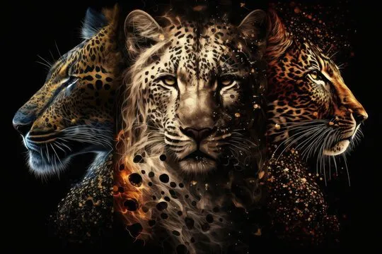 Lion, tiger, and leopard with spots, all on a black background. Generative AI