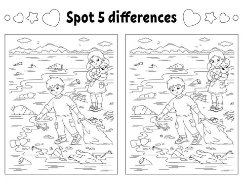 Find five differences. Coloring page for kids. Activity worksheet for children. Vector illustration isolated on white background.