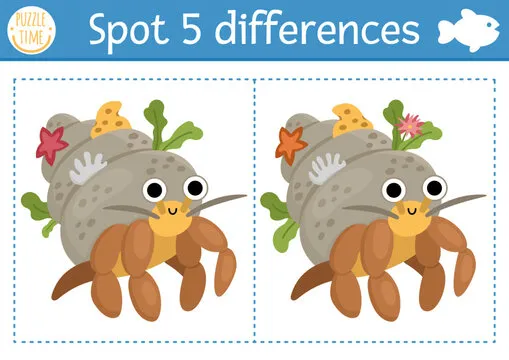 Find differences game for children. Under the sea educational activity with cute hermit crab. Ocean life puzzle for kids with water animal character. Underwater printable worksheet or page.