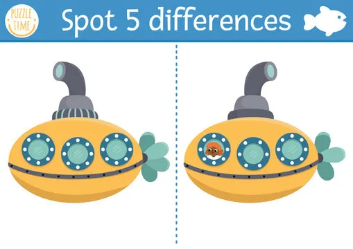 Find differences game for children. Under the sea educational activity with cute submarine. Ocean life puzzle for kids with water animal character. Underwater printable worksheet or page.