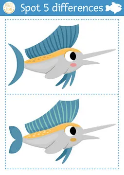 Find differences game for children. Under the sea educational activity with cute sailfish. Ocean life puzzle for kids with water animal character. Underwater printable worksheet or page.