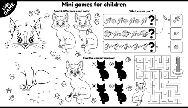Vector set of outline kids games with cartoon cat. Printable activity mat with maze, connect the dots, find differences and other. Worksheet with cute kitten for kindergarten and Generative AI