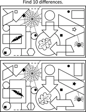 Abstract difference game. Spot 10 differences between two pictures. Halloween motives.