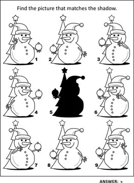 Shadow game with cute little snowman decorating christmas tree: Find the picture that matches the shadow. Answer incuded.