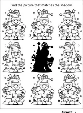 Shadow game with cute gingerbread man decorating christmas tree: Find the picture that matches the shadow. Answer included.