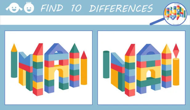 Find differences game for kids. Wooden cubes and other shapes castle.  Puzzle Hidden Items. Educational game for kids. Building.  Sketch vector illustration