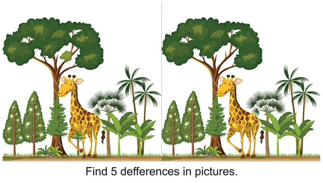giraffe walking. Find 5 differences in the picture.