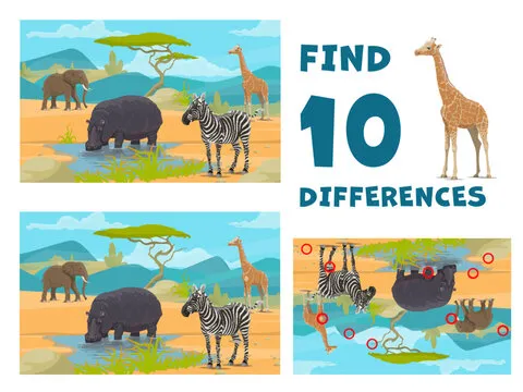 Find ten differences. African savannah cartoon animals. Children objects comparing game, kids difference search vector riddle or child matching quiz with Africa fauna elephant, hippo, zebra, giraffe