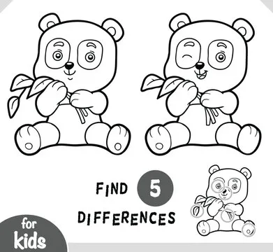 Cute cartoon panda animal, find differences educational game for kids, black and white activity page