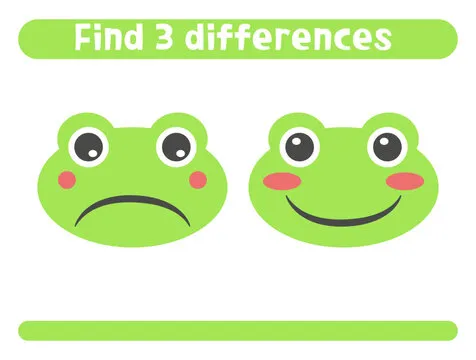 Find three differences. Cute green frog. Worksheet for kids.