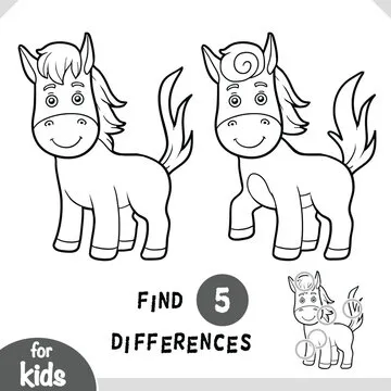 Cute cartoon Horse animal, Find differences educational game for children